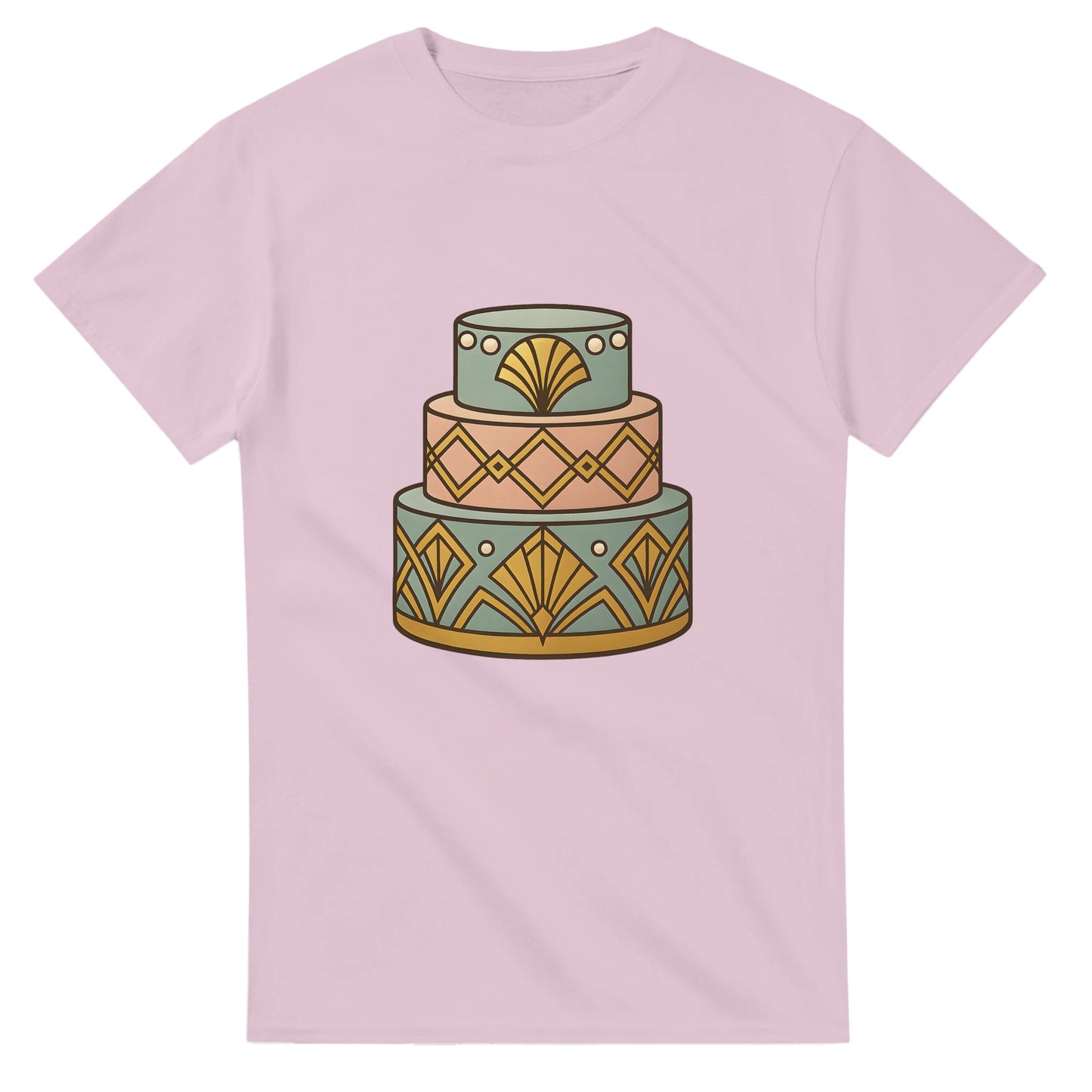 T-shirt med art deco-tårta, geometrisk design, pärlemordetaljer, lyxig känsla.