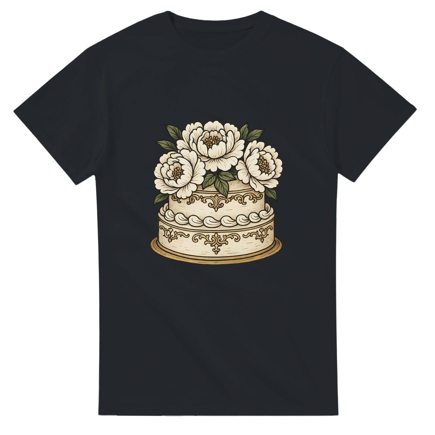 T-shirt med vitt porslin och eleganta pioner som ger en klassisk och gräddig känsla av sekelskiftet.