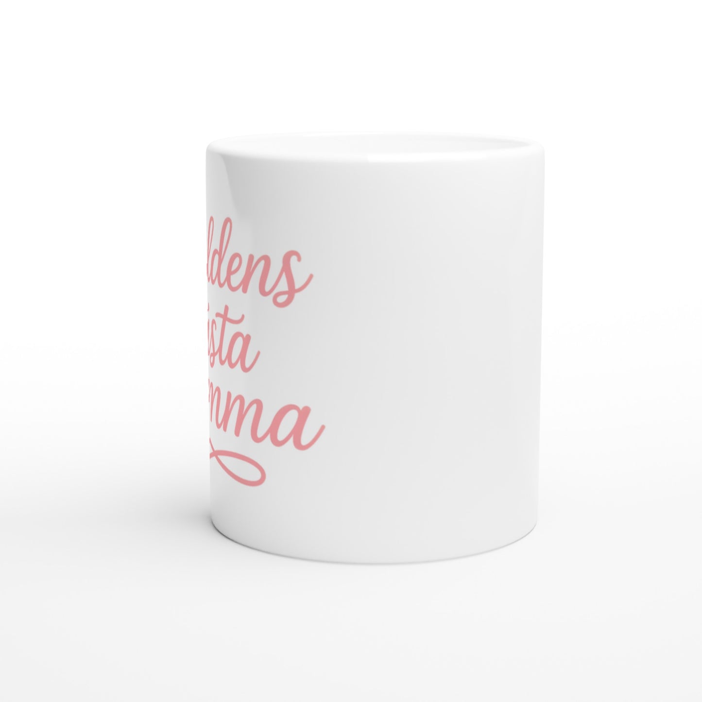 Mugg med texten 'Världens bästa mamma' i elegant handskriven font och varm rosa färg.