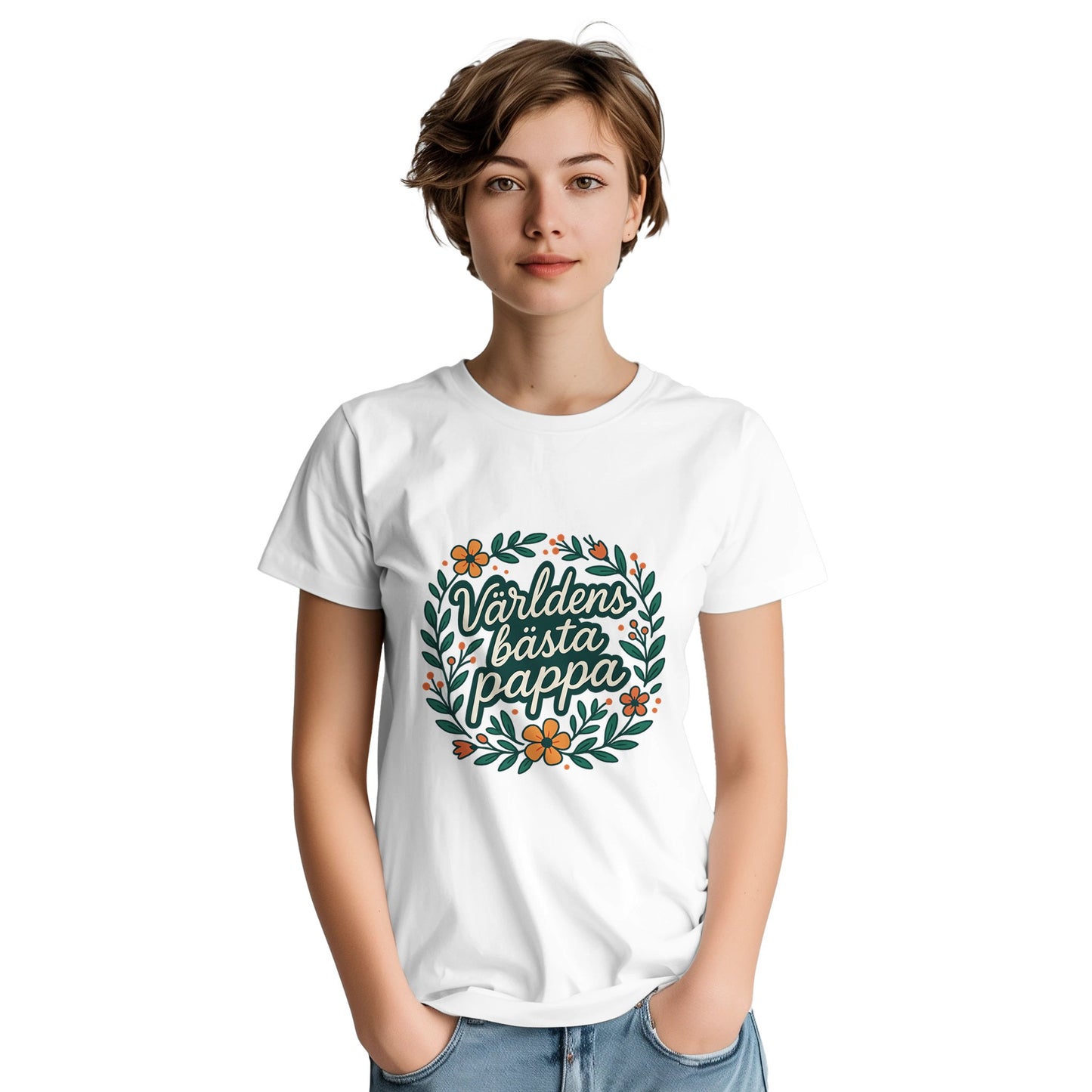 Stilig T-shirt för pappor med blomkrans och texten 'Världens bästa pappa' - perfekt present!