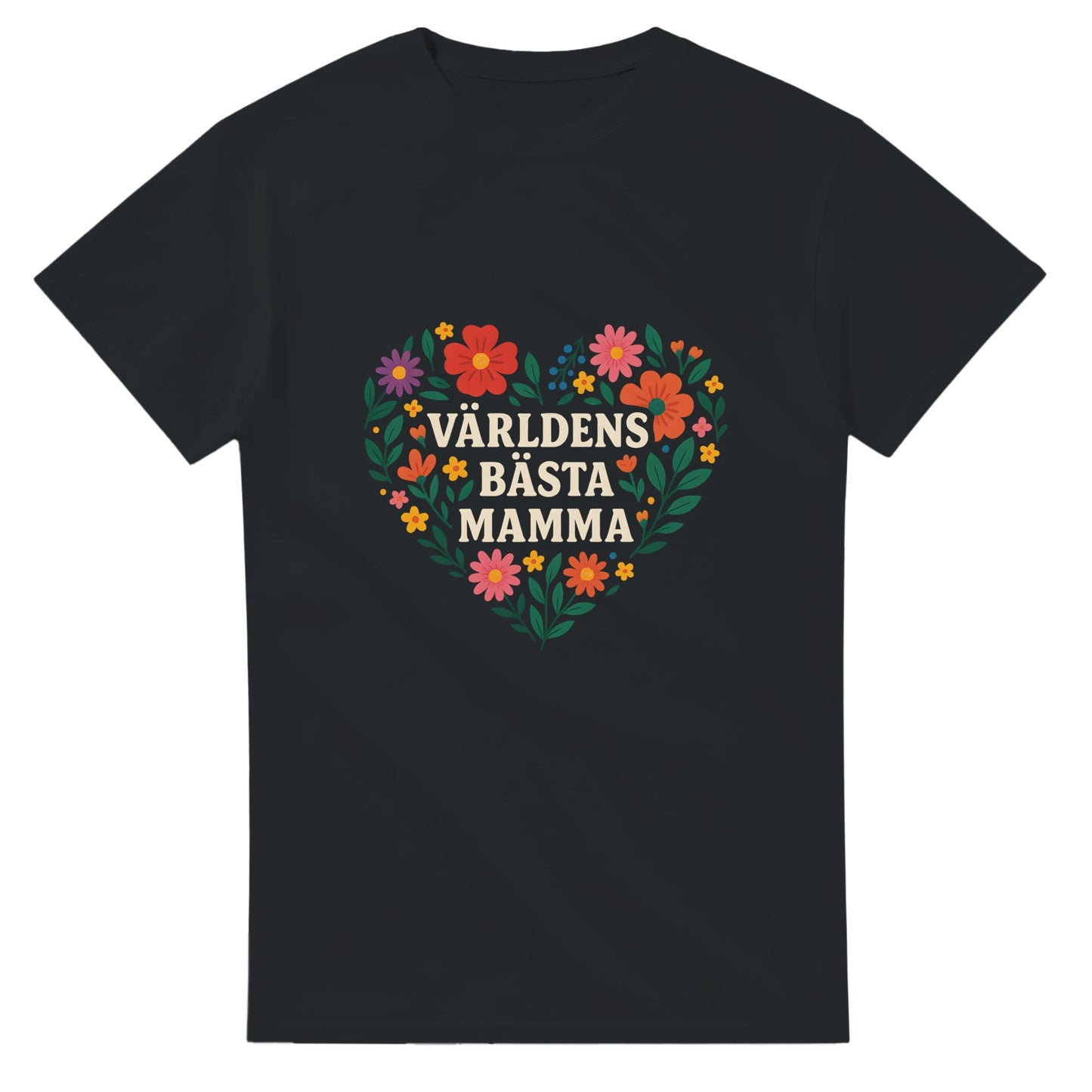 T-shirt med texten 'Världens bästa mamma' i ett hjärta av blommor. Perfekt gåva till mamma!