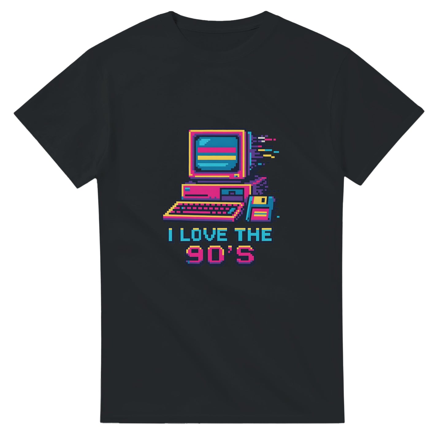 Pixelart-T-shirt med 90-talsvibbar, datorer, disketter och glitch-effekter. Nostalgisk resa tillbaka i tiden.