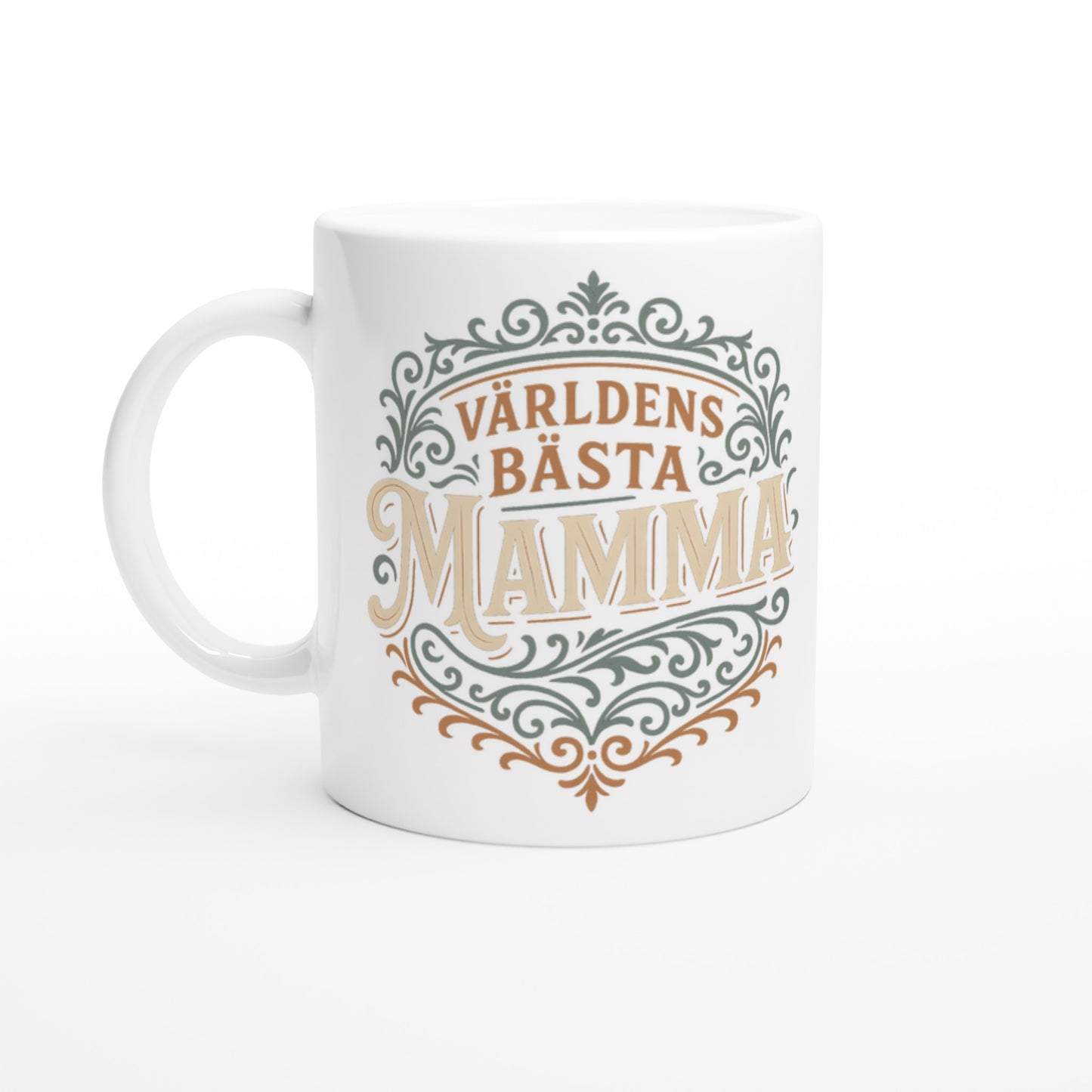 Mugg med texten 'Världens Bästa Mamma' i elegant vintage design. Perfekt gåva till mamma.