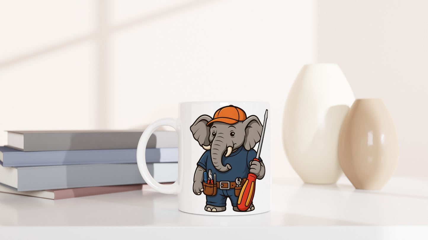 Elefant som elektriker med verktygsbälte och stor skruvmejsel. Perfekt för elefant- och elälskare!
