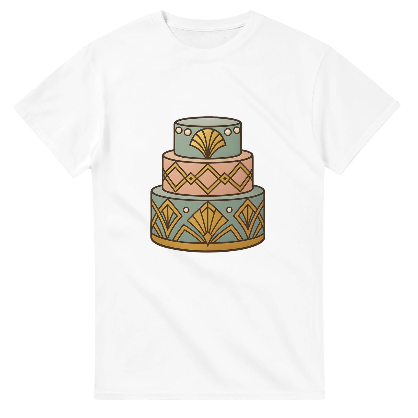 T-shirt med art deco-tårta, geometrisk design, pärlemordetaljer, lyxig känsla.