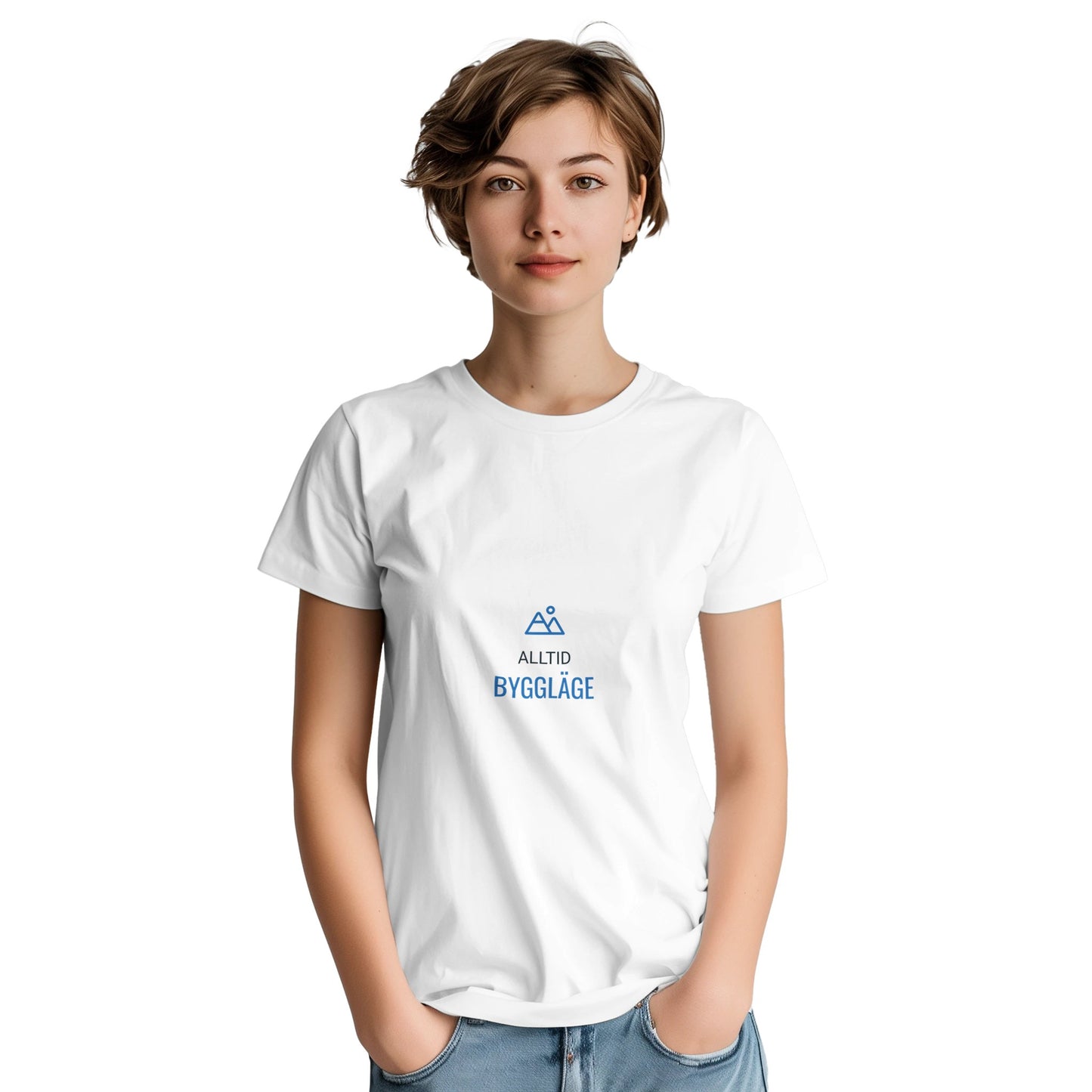 Byggarens bekväma t-shirt med bergsikon för alltid redo att arbeta.
