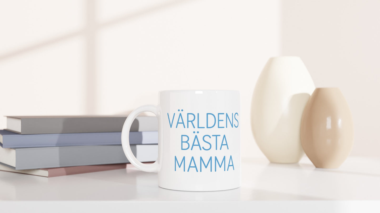 T-shirt med minimalistisk design för mamma, med texten 'Världens bästa mamma' i ljusblått.