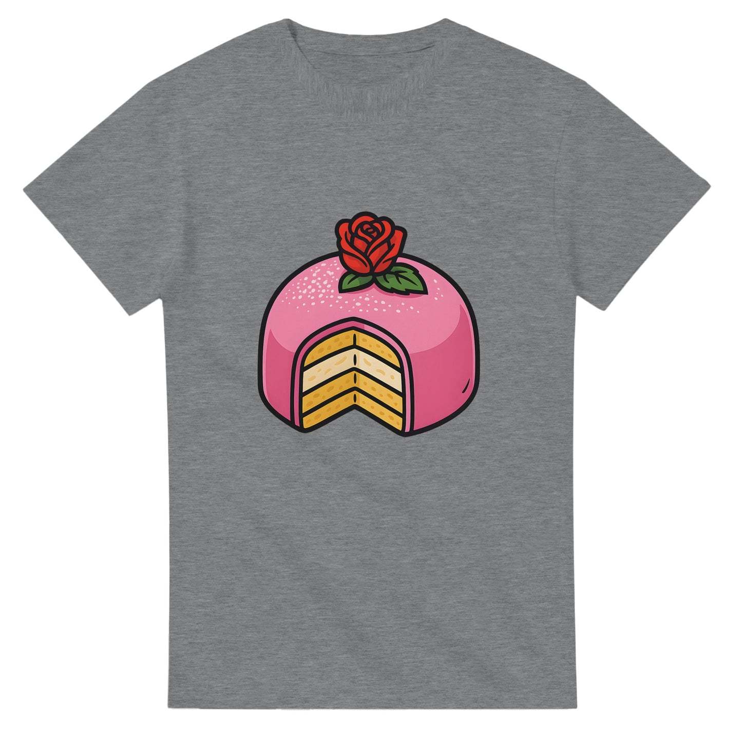 T-shirt med prinsesstårta i rosa marsipan och grädde, perfekt för sötsakälskare.