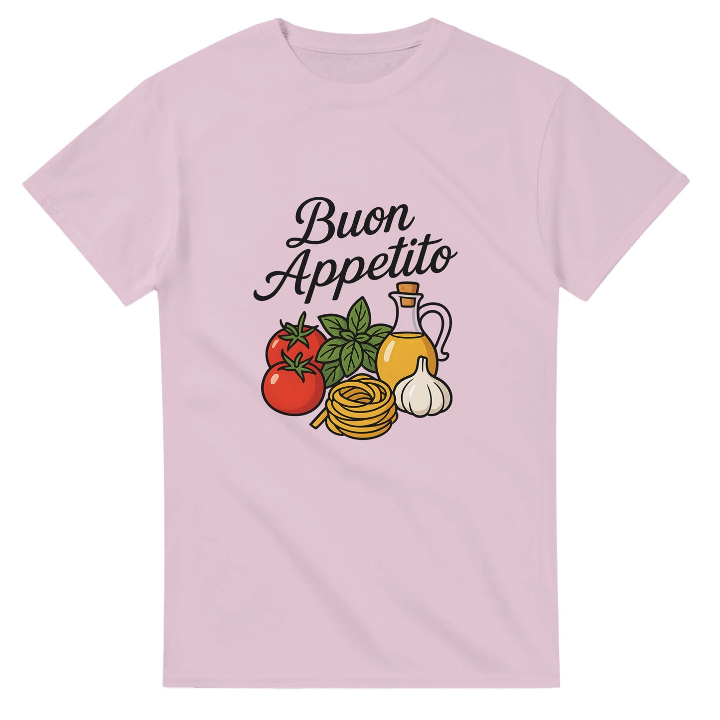 T-shirt med handskriven text 'Buon Appetito'. Konstnärlig hyllning till italiensk matglädje. Perfekt för köket!