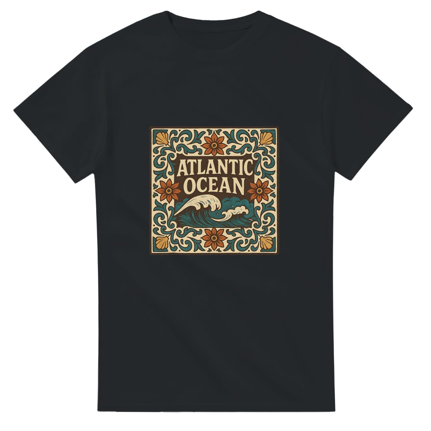 T-shirt med azulejomönster i vintagestil, inspirerad av Atlanten. Upplev Portugals skönhet och kultur.