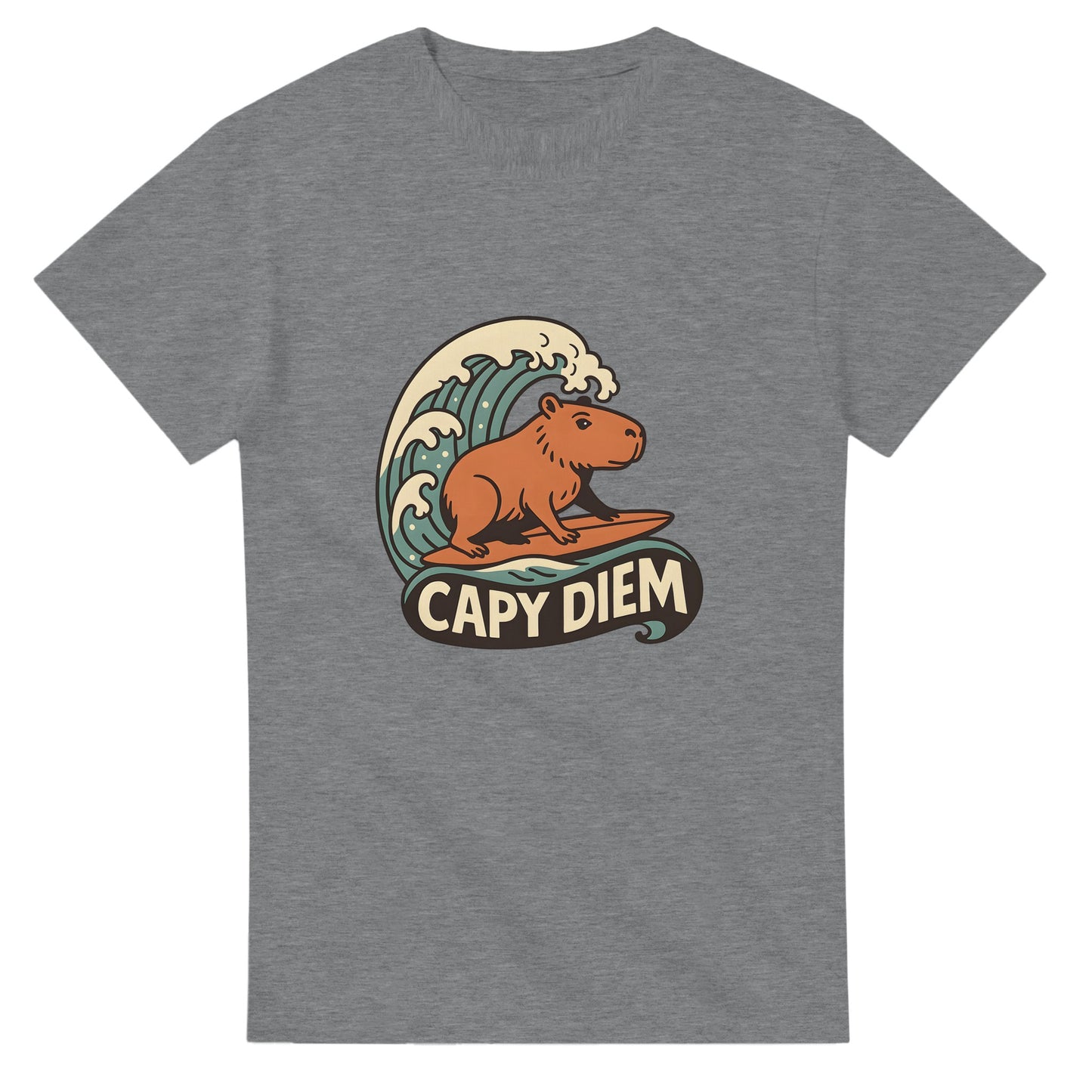 Capy Diem - Surfande capybara som symboliserar positivitet och livsglädje på stranden. Perfekt för strandälskare!