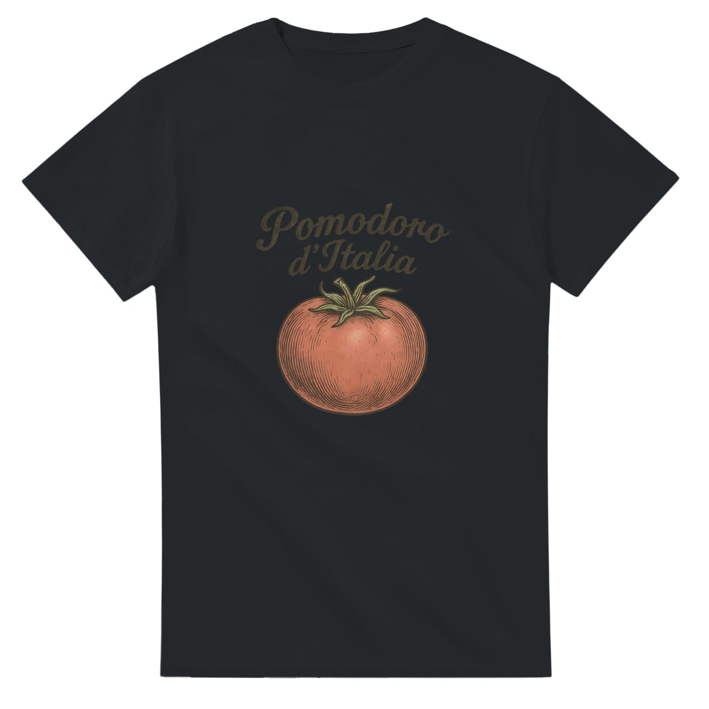 T-shirt med vintage tomatmotiv och texten 'Pomodoro d’Italia' i kurvig italiensk typografi.