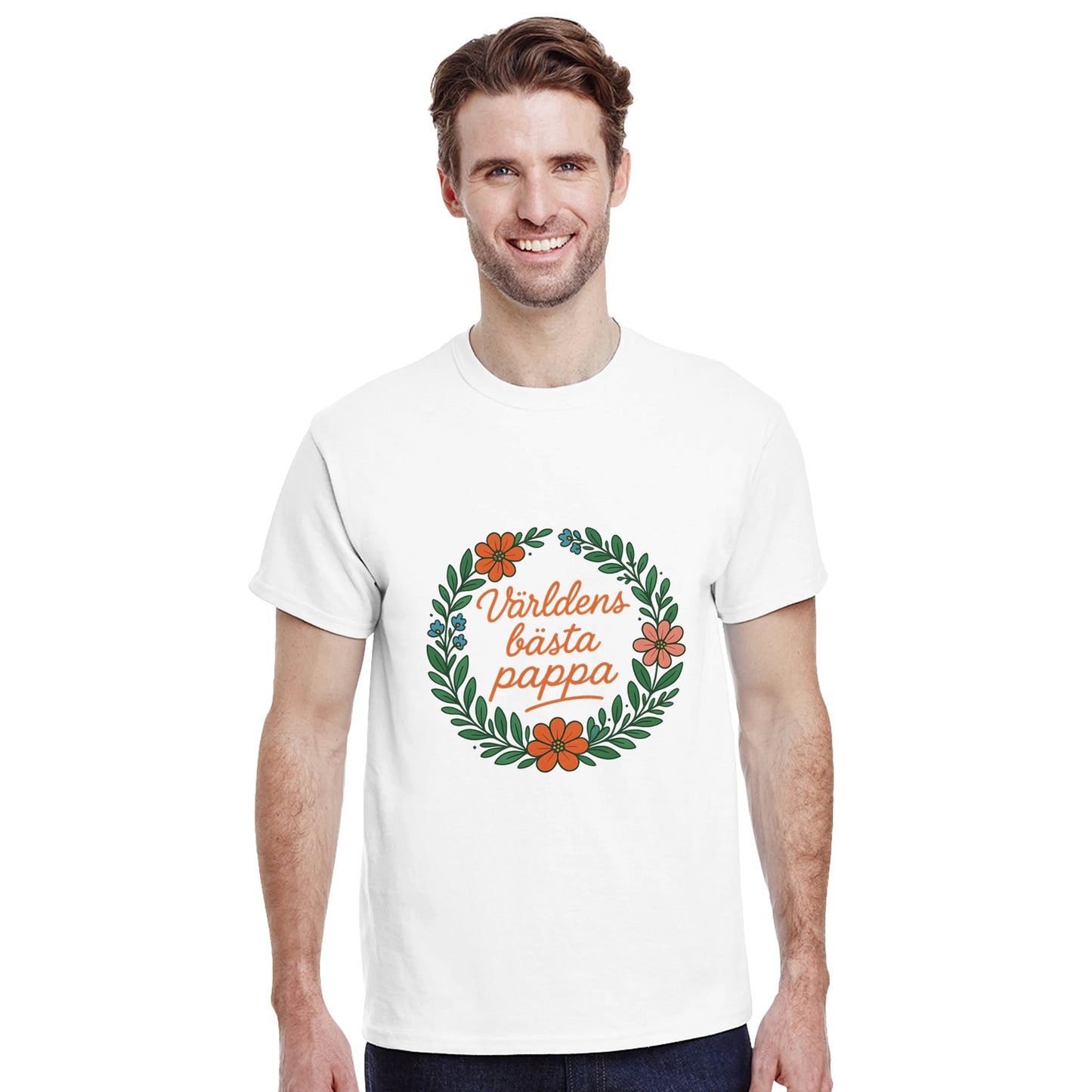 Pappa T-shirt med blomkransdesign och text som hyllar hans unika roll som världens bästa.