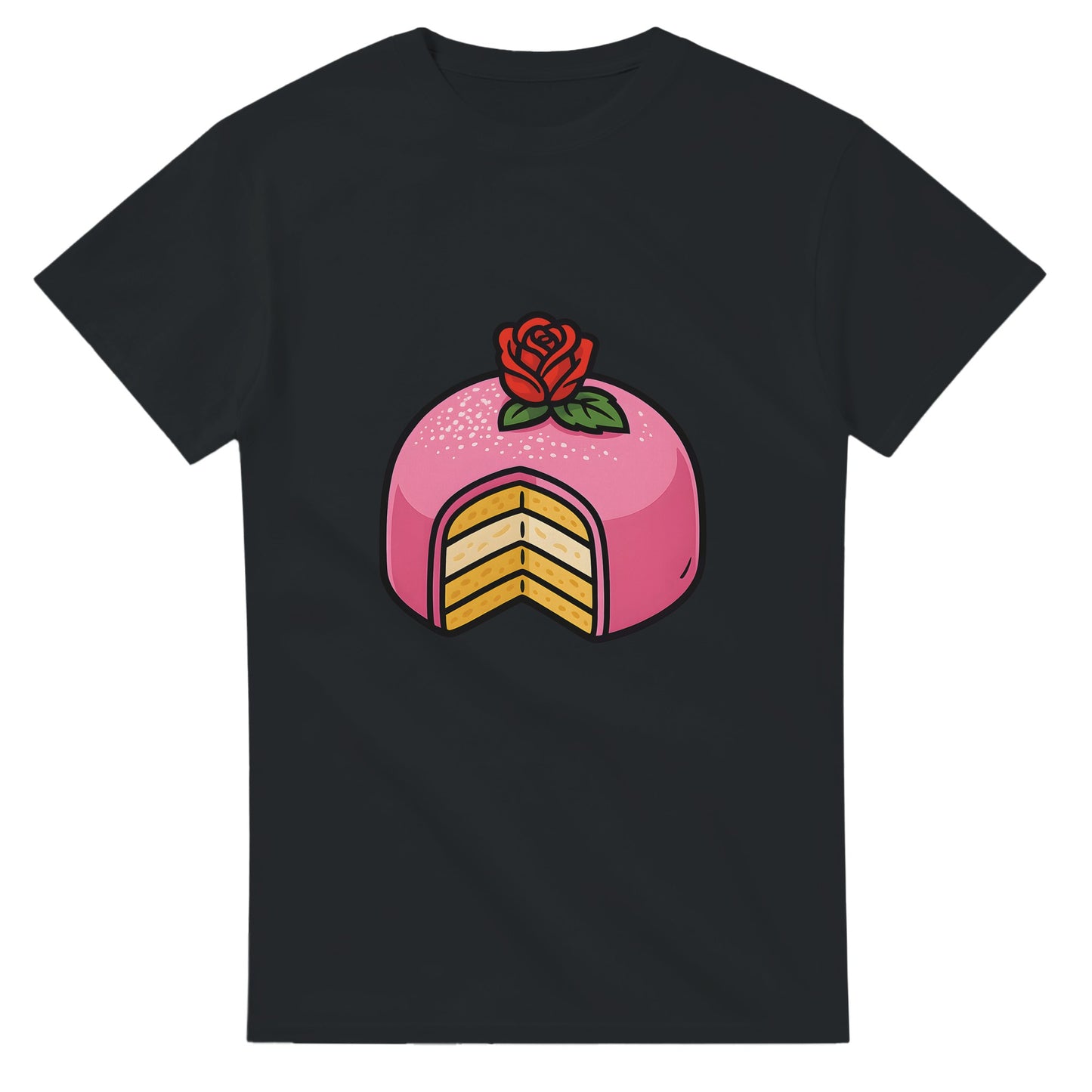 T-shirt med prinsesstårta i rosa marsipan och grädde, perfekt för sötsakälskare.