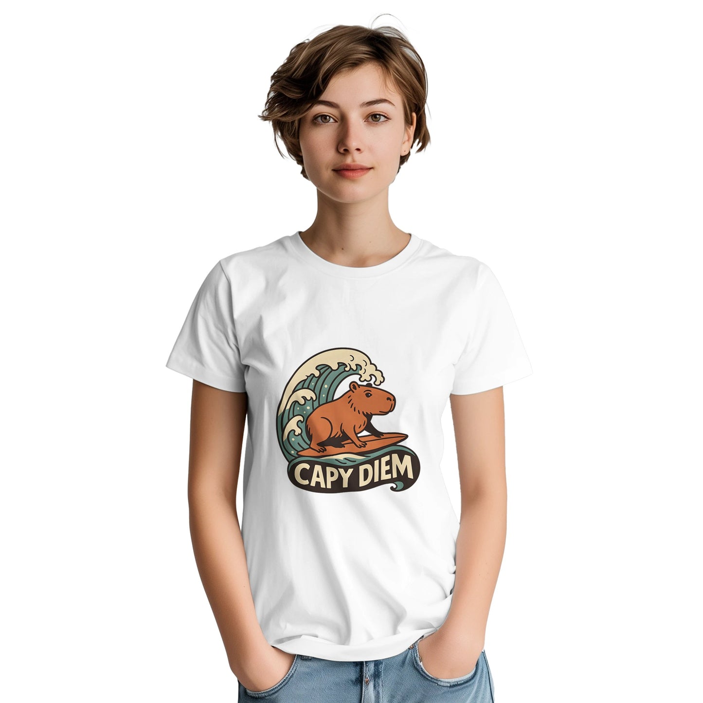 Capy Diem - Surfande capybara som symboliserar positivitet och livsglädje på stranden. Perfekt för strandälskare!