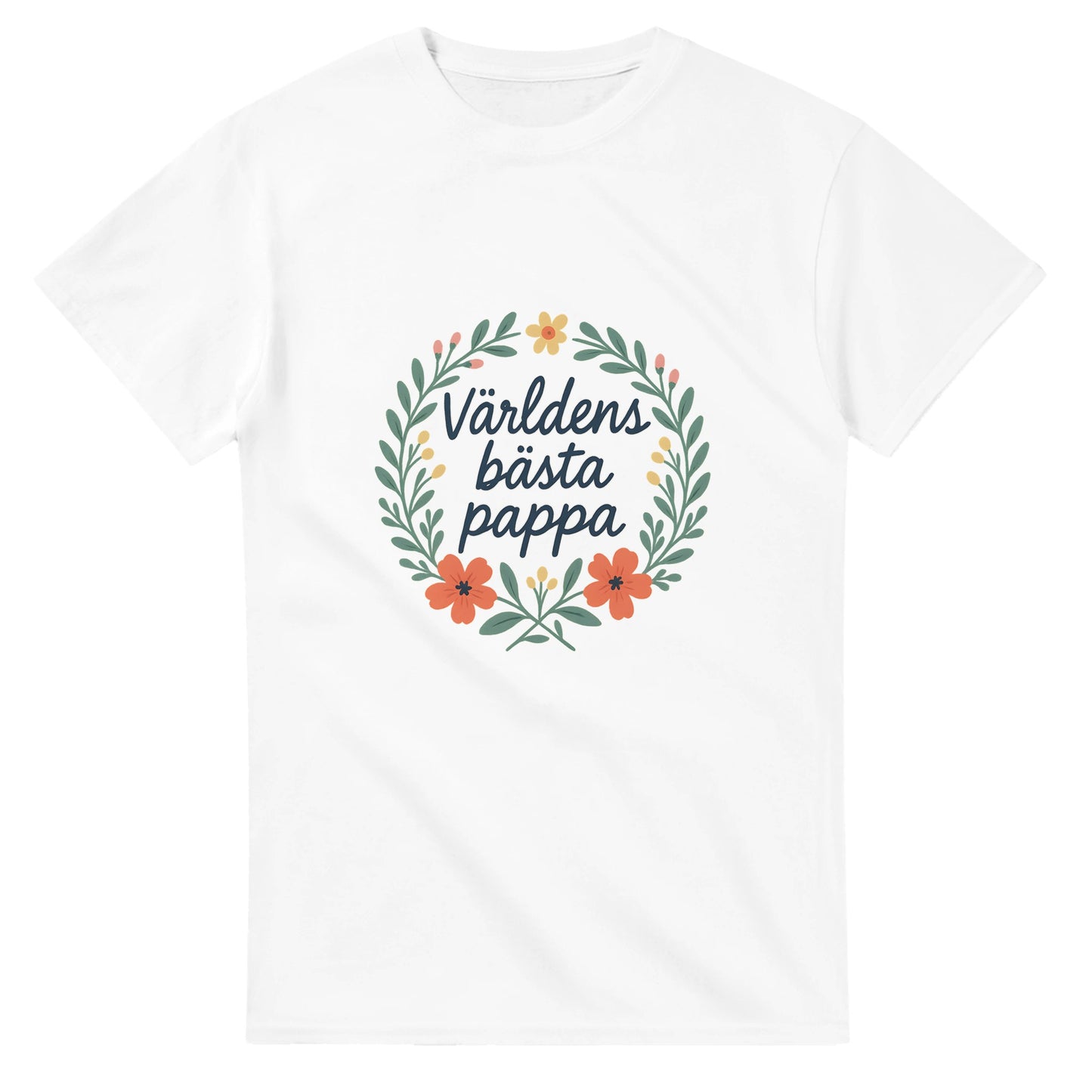 Stilfull T-shirt med handskriven text 'Världens bästa pappa' och blomkrans. Perfekt för den speciella pappan.