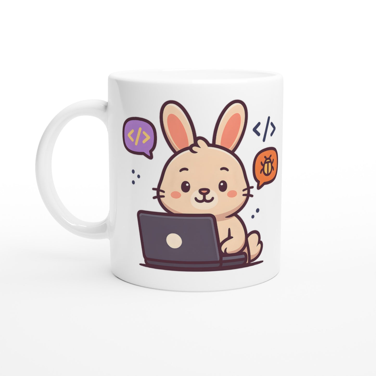 Mugg med programmerande kanin som fixar buggar. Perfekt start på dagen!