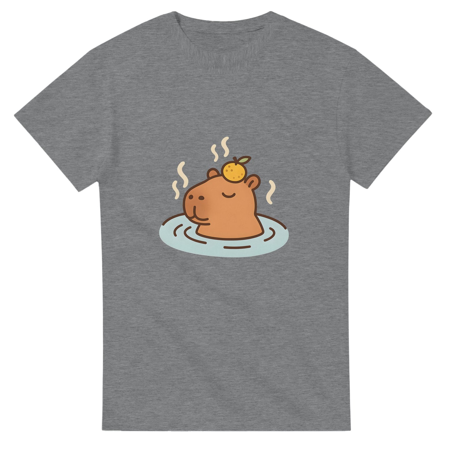Capybara i varm källa med citrus på huvudet. Lekfullt motiv för total zen och värme.