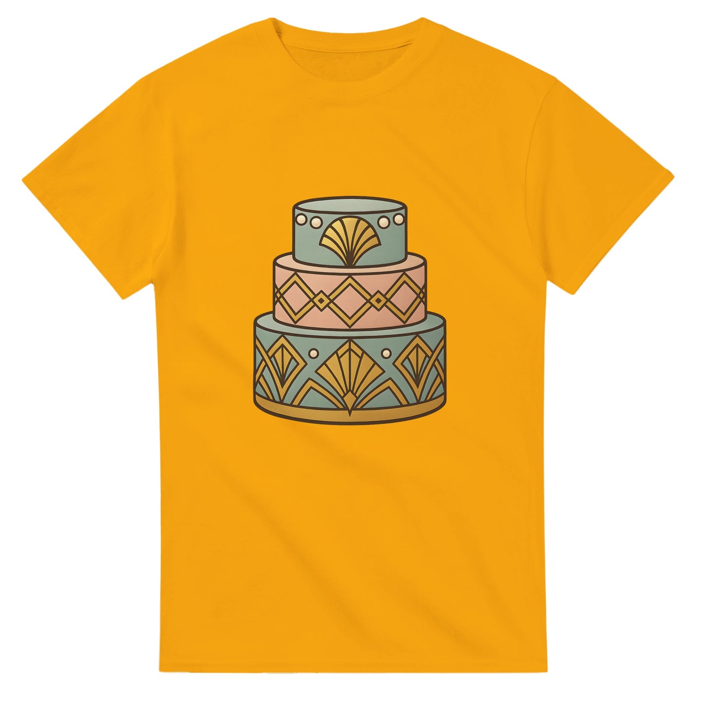 T-shirt med art deco-tårta, geometrisk design, pärlemordetaljer, lyxig känsla.