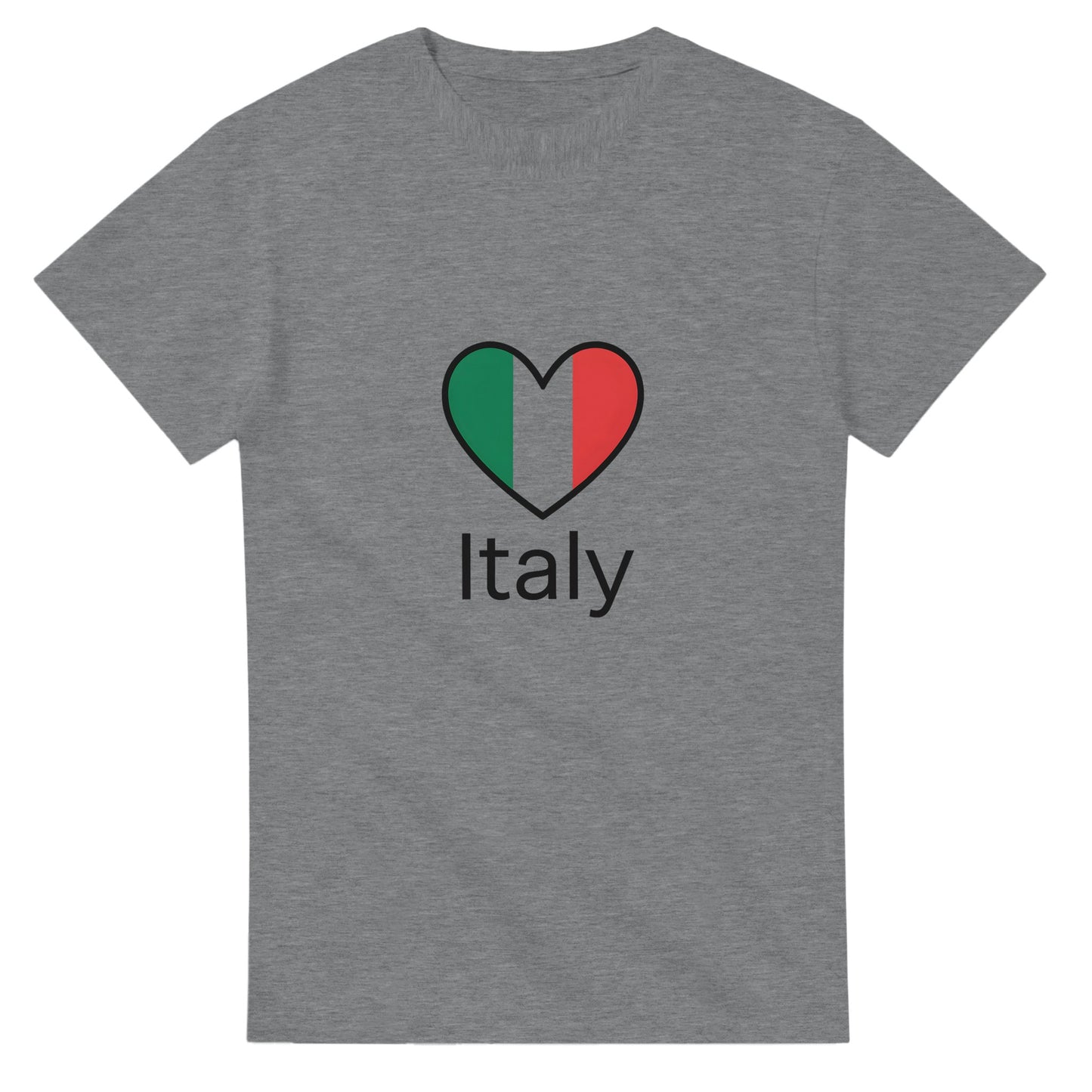 T-shirt med minimalistiskt italienskt hjärta i flaggans färger och ordet 'Italy' i modern stil. Enkel och älskvärd design.