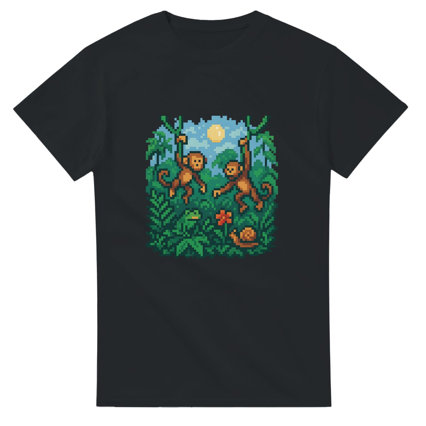 8-bitars djungelresa t-shirt med pixelapor och lianer för äventyrliga äventyrare.