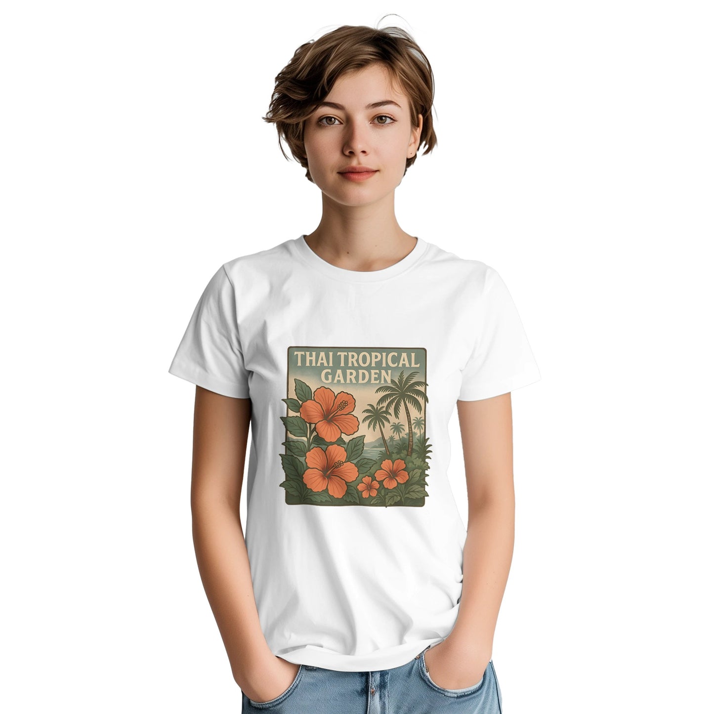T-shirt med tropiskt tema och vintagevibbar för en thailändsk atmosfär.