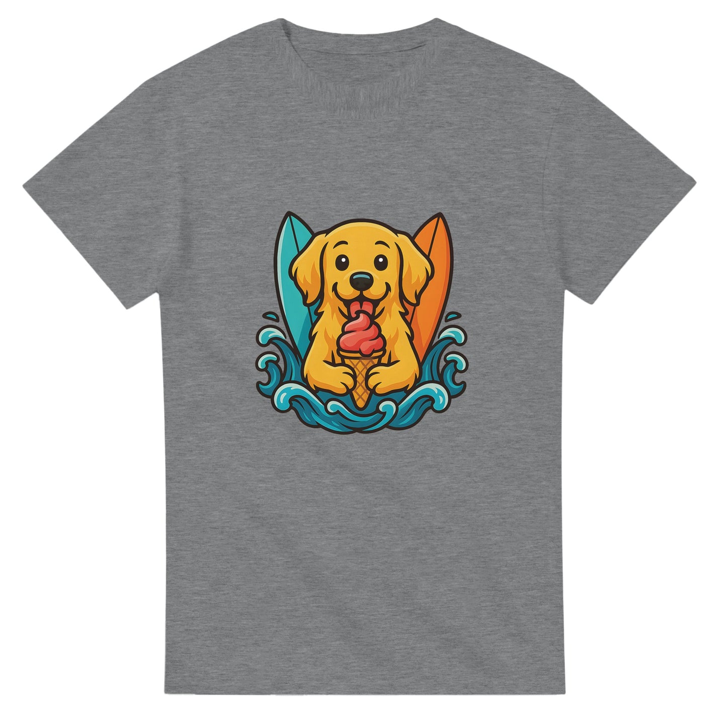 Söt golden retriever med glass och surfbrädor vid tropiska vågor. Perfekt för strandentusiaster!