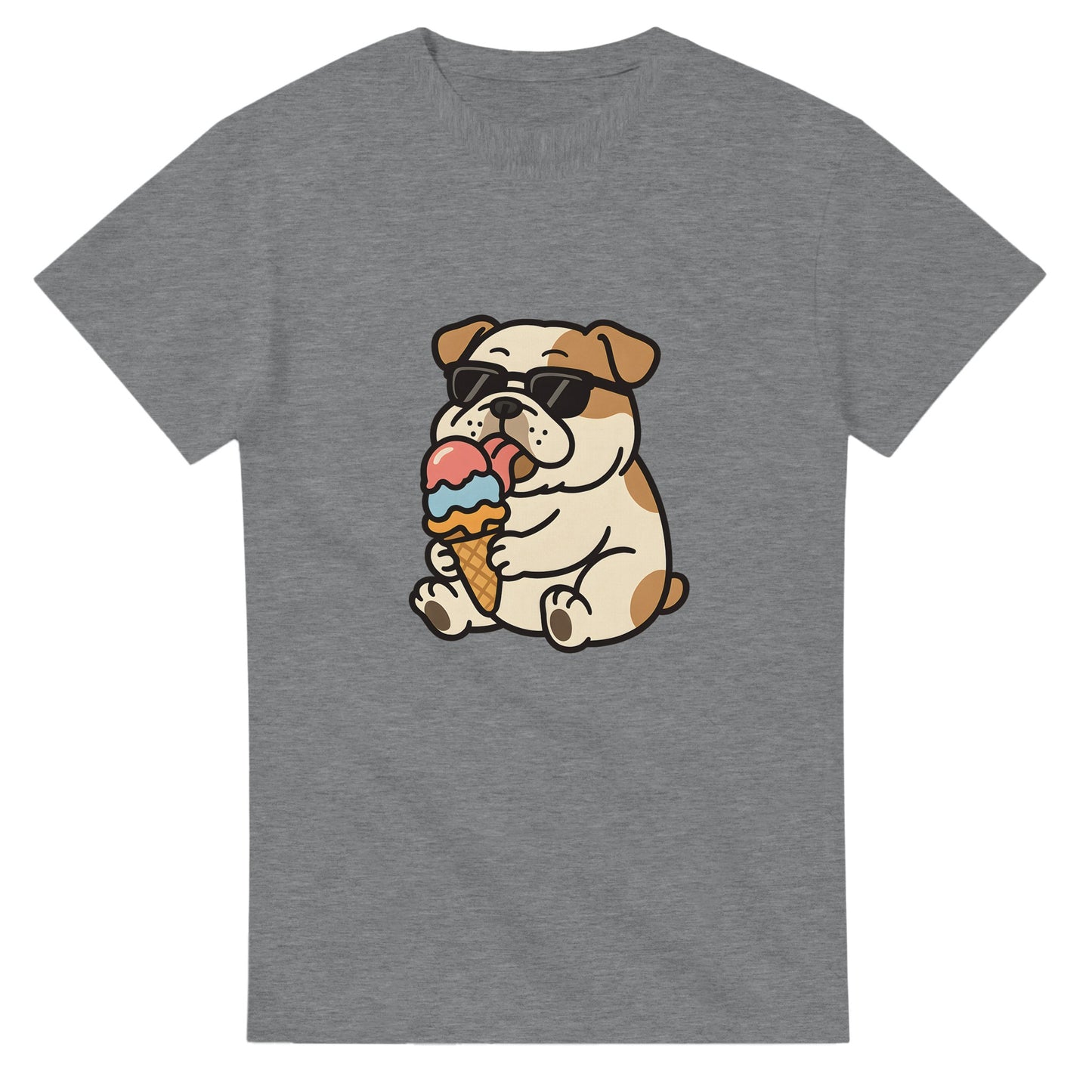T-shirt med glad bulldog som njuter av en färgglad glass. Perfekt för hundälskare.