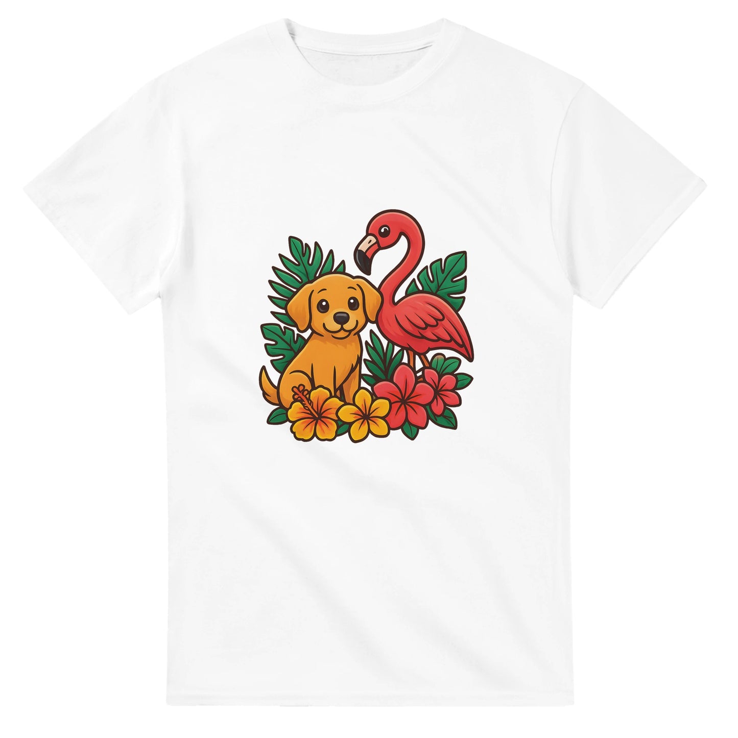 T-shirt med hund och flamingo i tropisk miljö, charmig och trendig design med färgglada blommor.