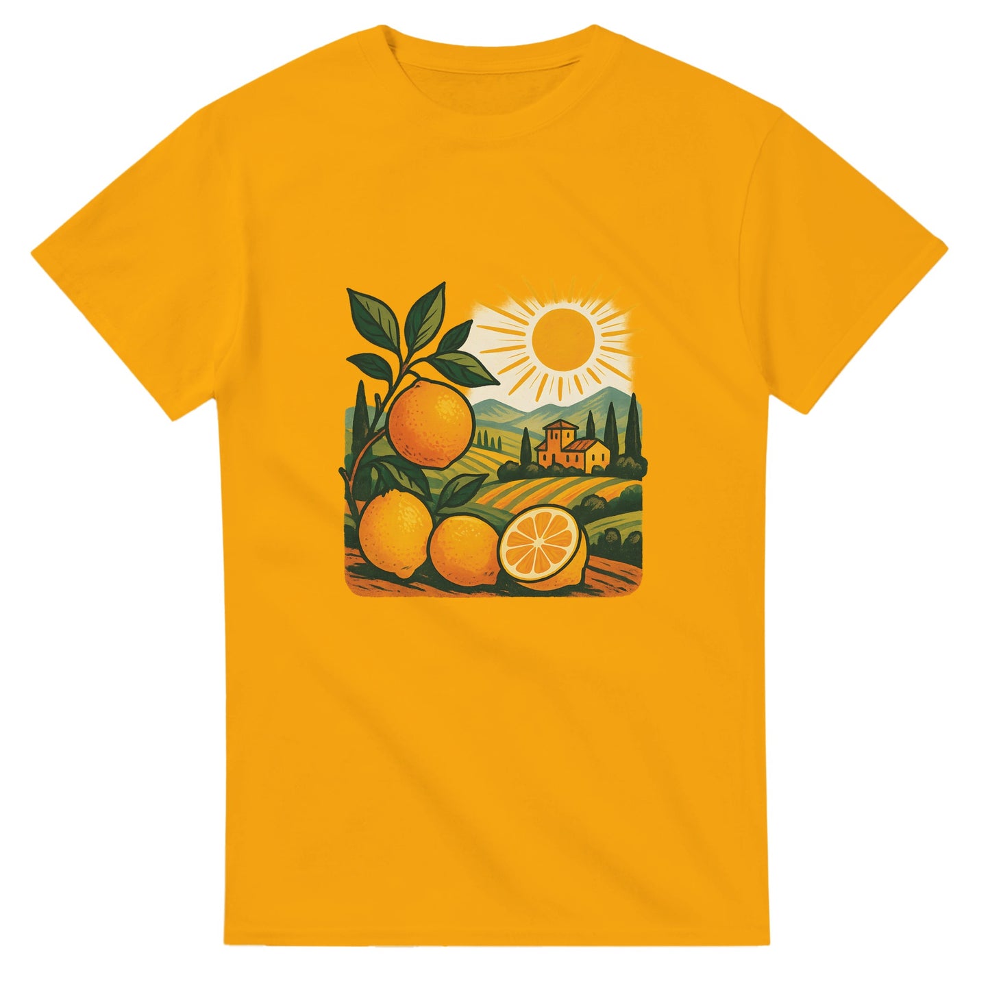 T-shirt med solkust och citrus i vintage stil, perfekt för Italien-fantaster. Toskansk känsla!