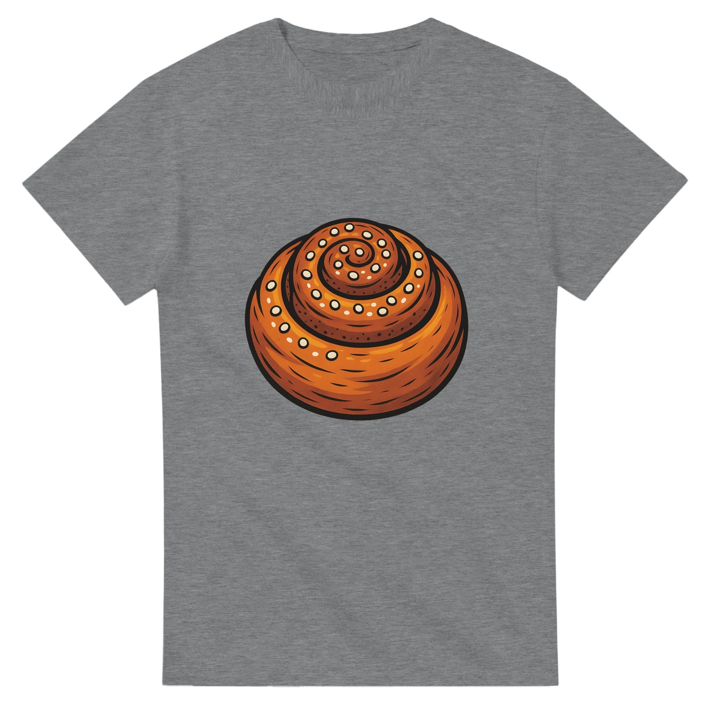En T-shirt med en kanelbulle på en blå bakgrund, perfekt för kanelbulleälskare.