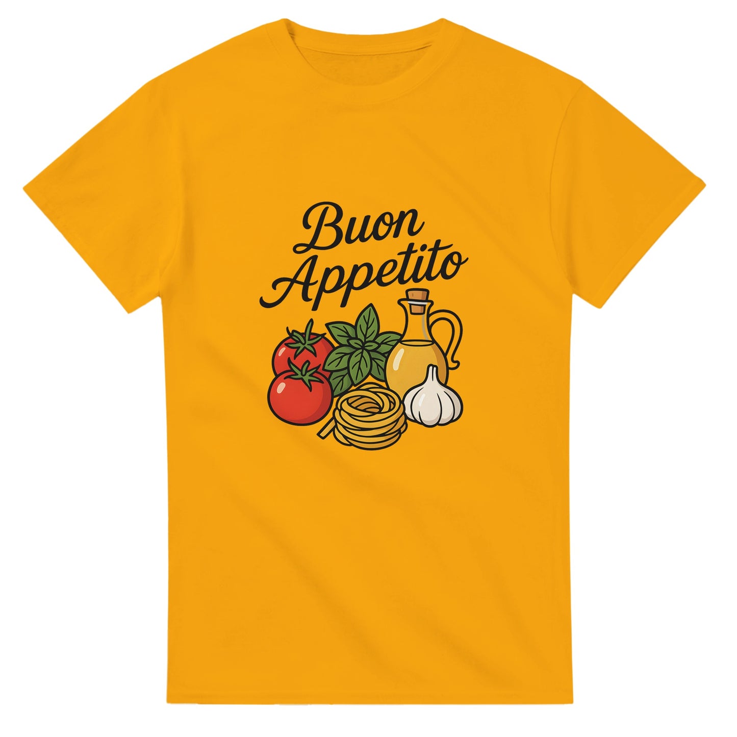 T-shirt med handskriven text 'Buon Appetito'. Konstnärlig hyllning till italiensk matglädje. Perfekt för köket!