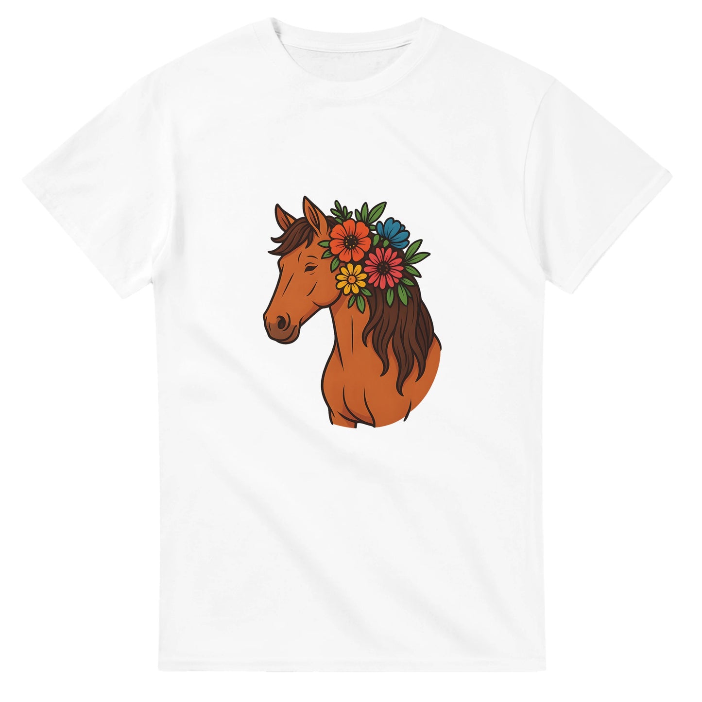 T-shirt med blommig häst i manen, perfekt för naturälskare.