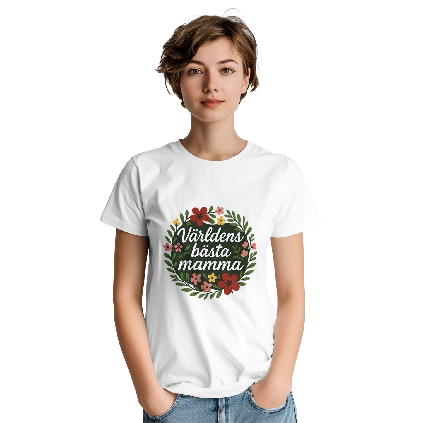 T-shirt med blommor och text, perfekt för att hylla världens bästa mamma med stil och elegans.