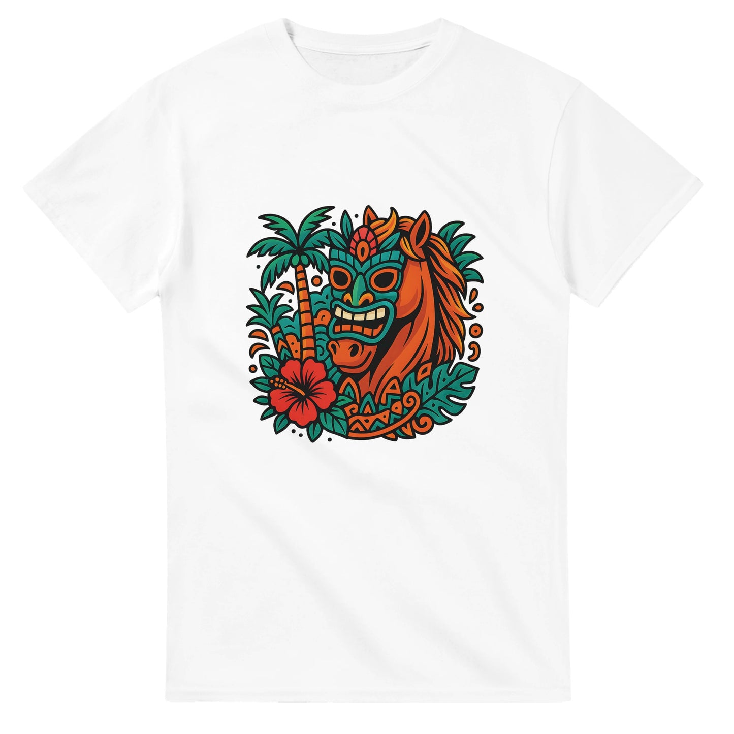Tropisk häst med tiki-mask och färgglada mönster, en färgsprakande upplevelse!