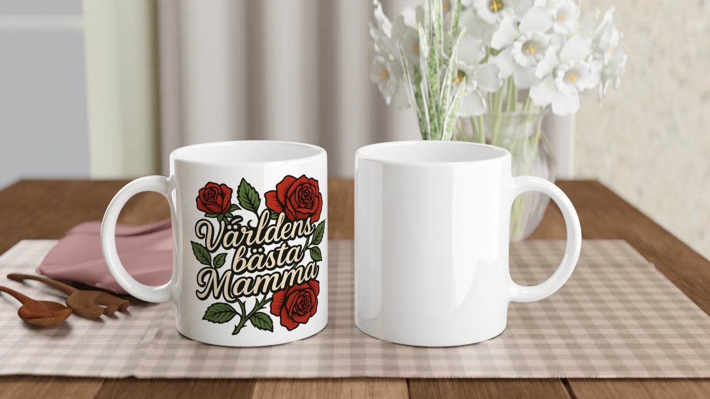 Mugg med texten 'Världens bästa mamma' och rosor. Perfekt present till mamma!