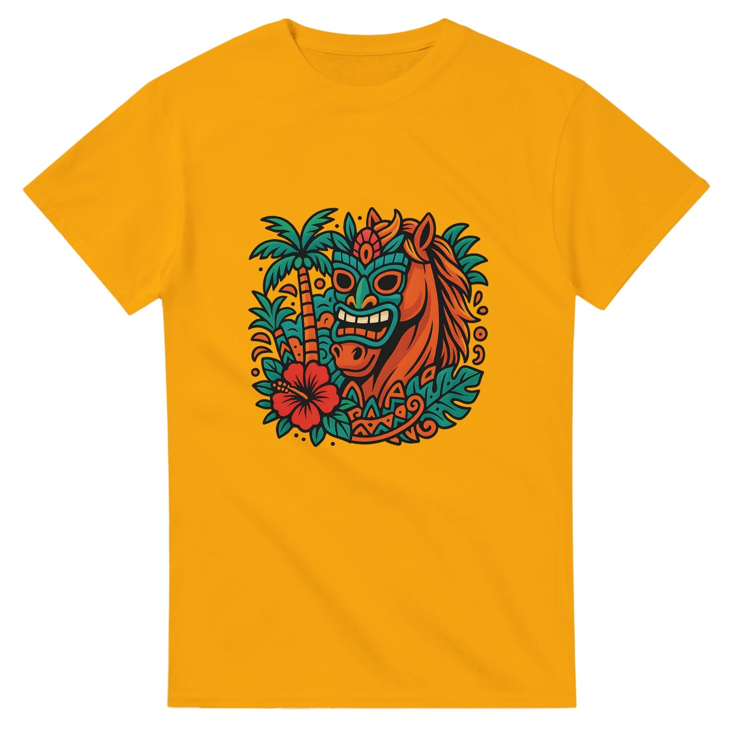 Tropisk häst med tiki-mask och färgglada mönster, en färgsprakande upplevelse!
