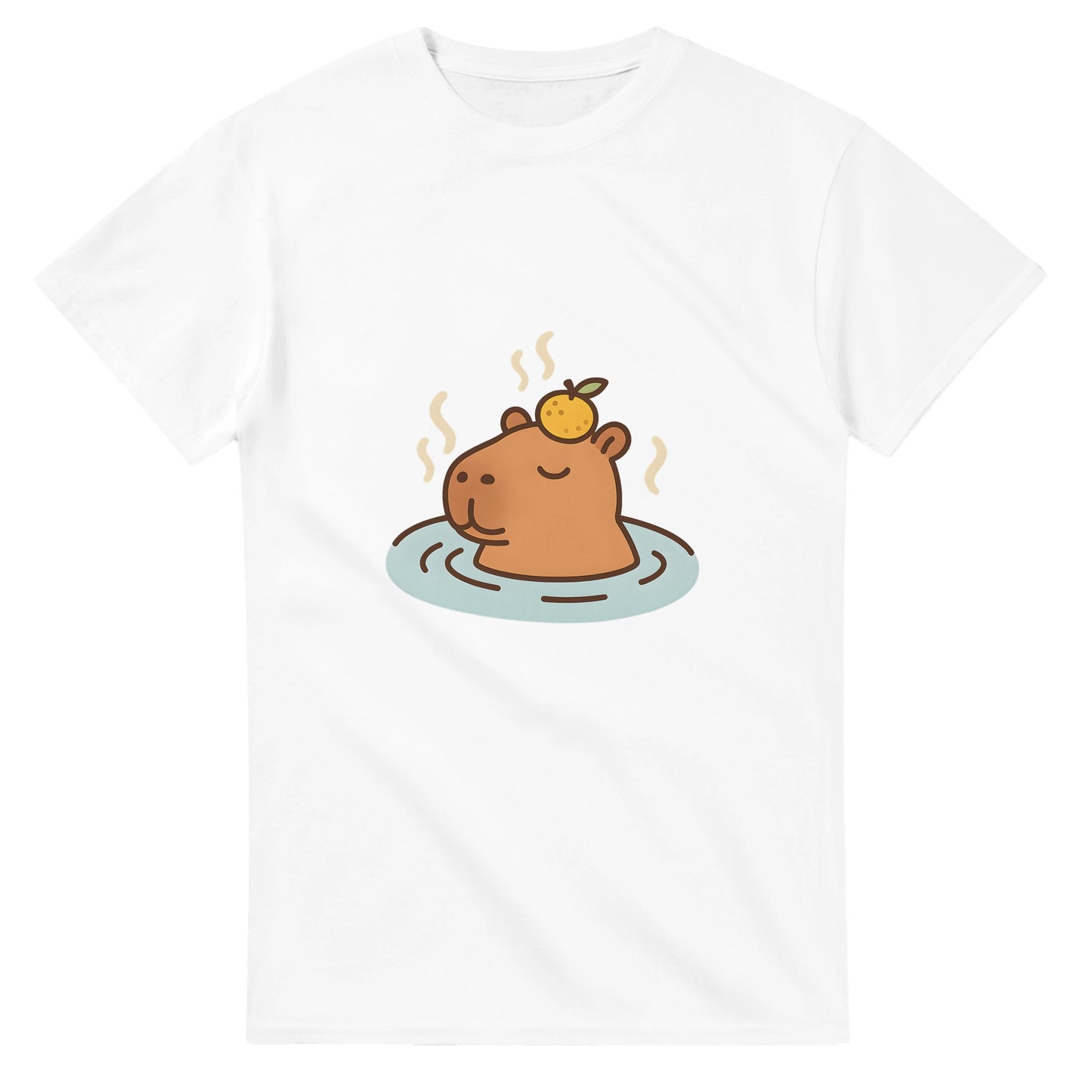 Capybara i varm källa med citrus på huvudet. Lekfullt motiv för total zen och värme.