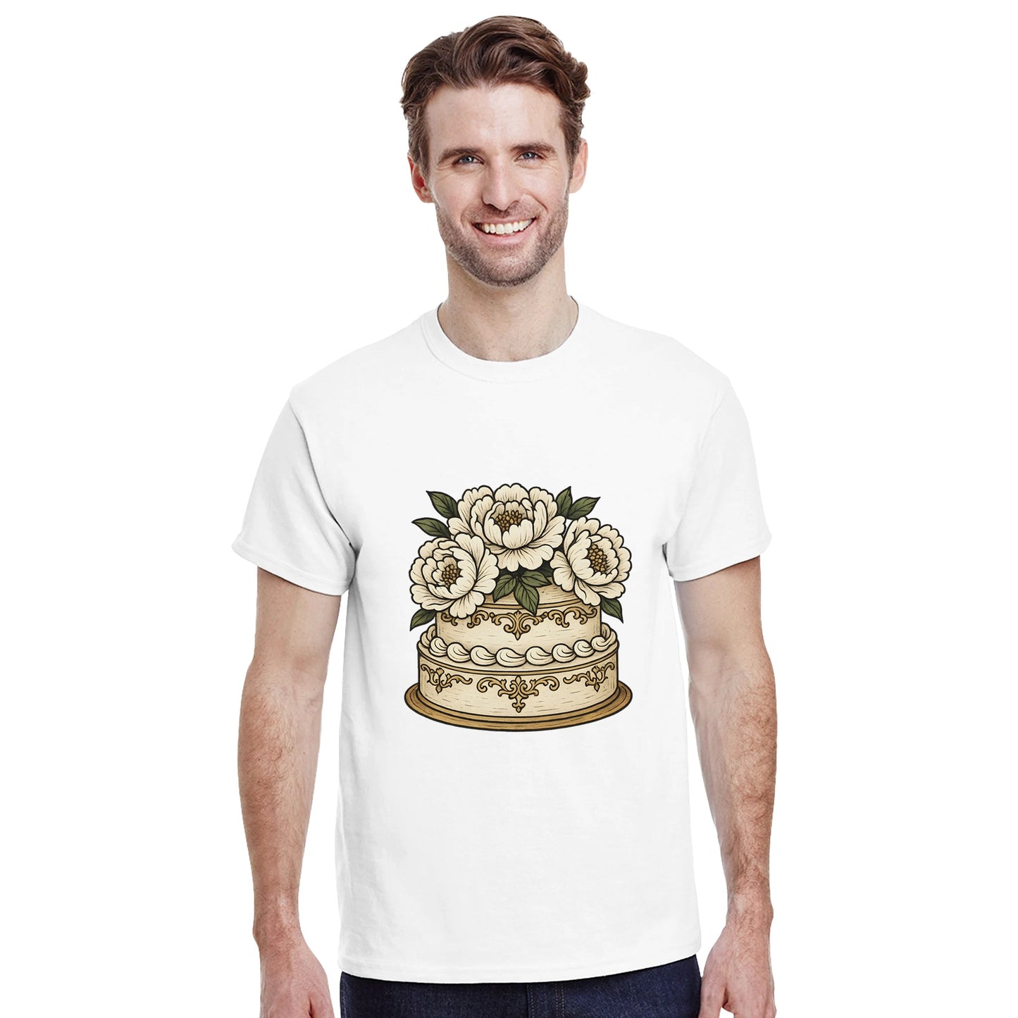 T-shirt med vitt porslin och eleganta pioner som ger en klassisk och gräddig känsla av sekelskiftet.