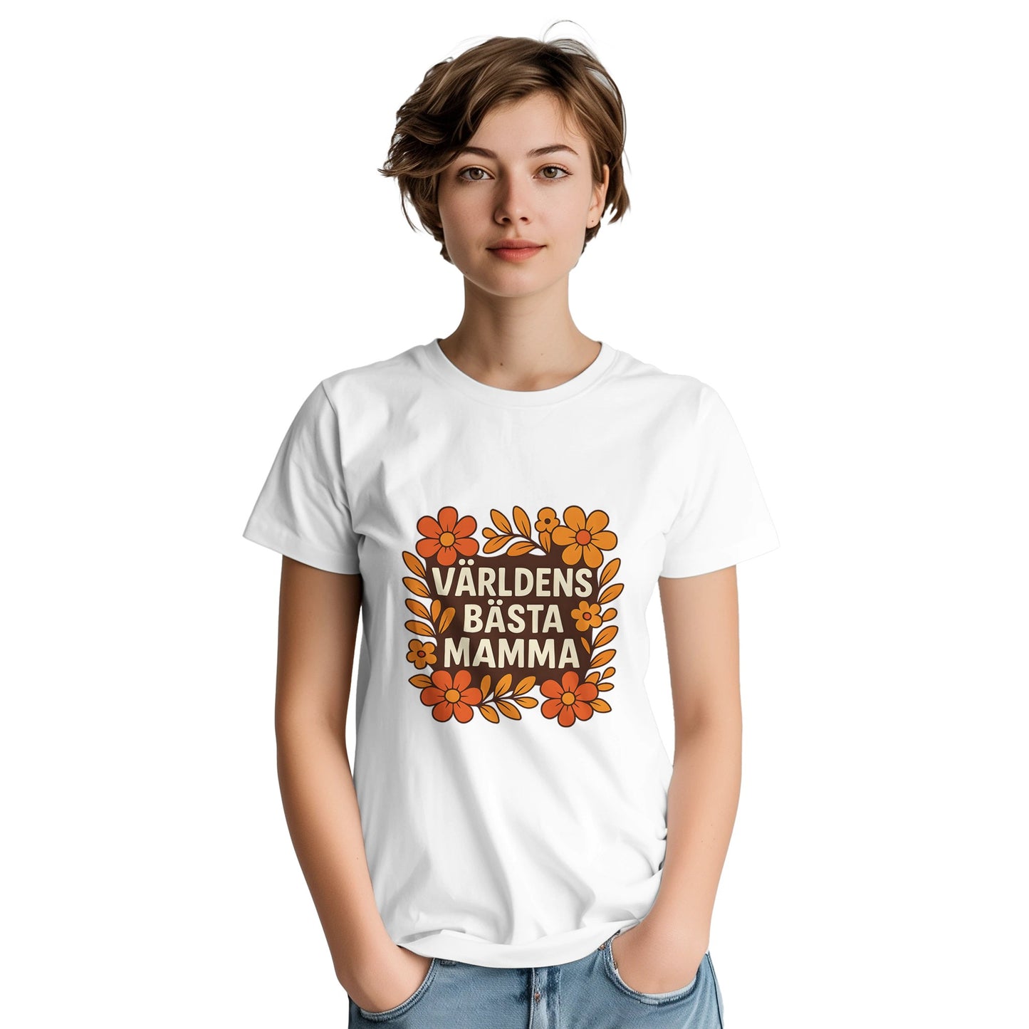 T-shirt med blomstrande design och texten 'Världens bästa mamma'. Visa din kärlek på ett varmt sätt.