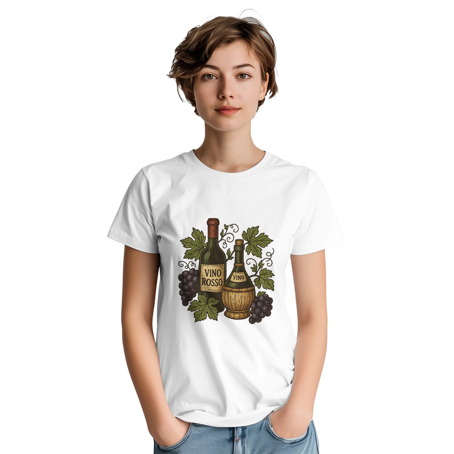 T-shirt med vin och vinstockar, perfekt för att fira italiensk tradition. Vacker vintage vinillustration för vinentusiaster.