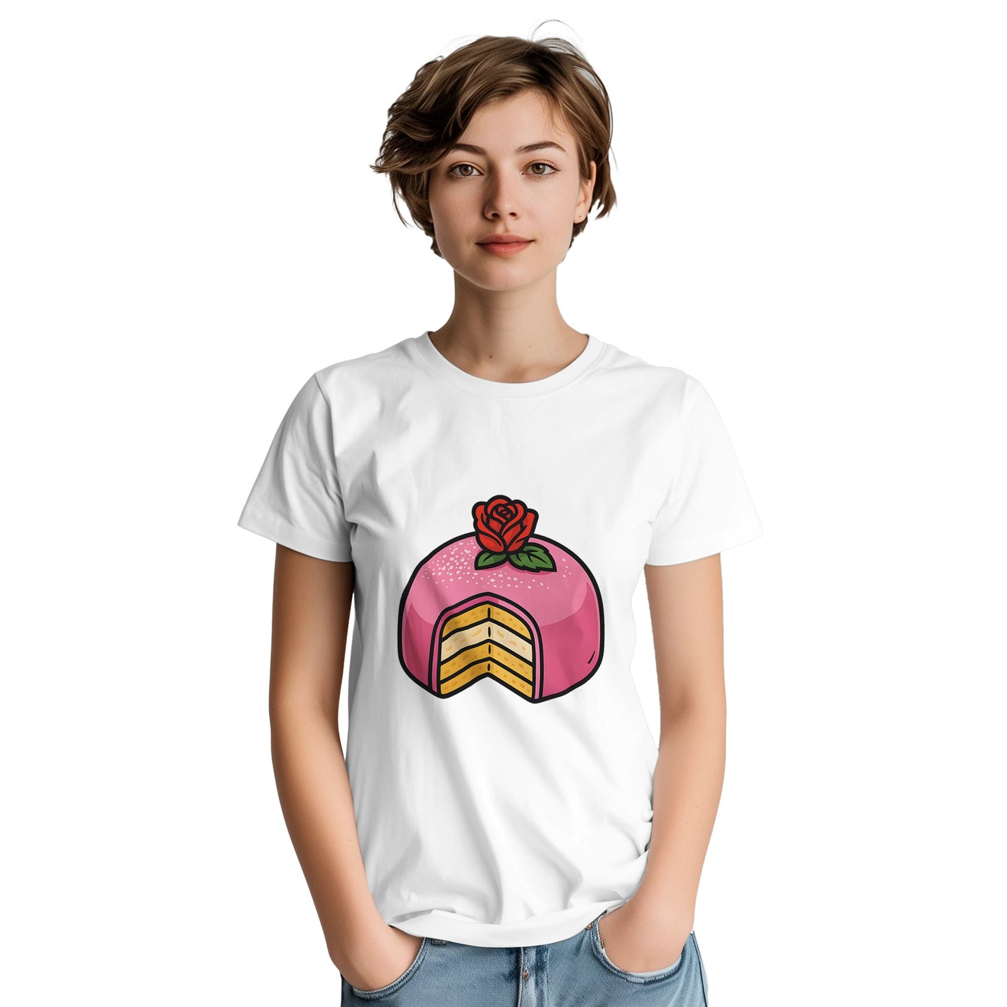 T-shirt med prinsesstårta i rosa marsipan och grädde, perfekt för sötsakälskare.
