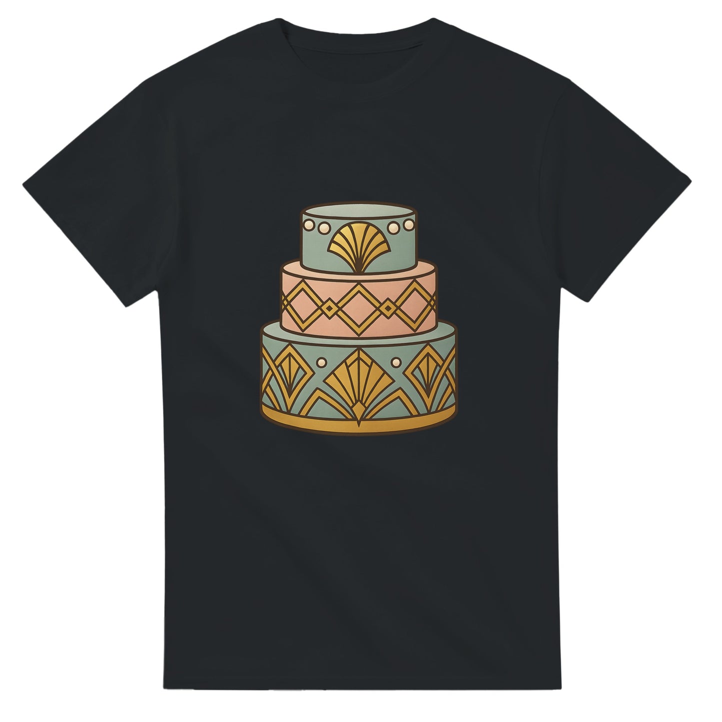 T-shirt med art deco-tårta, geometrisk design, pärlemordetaljer, lyxig känsla.