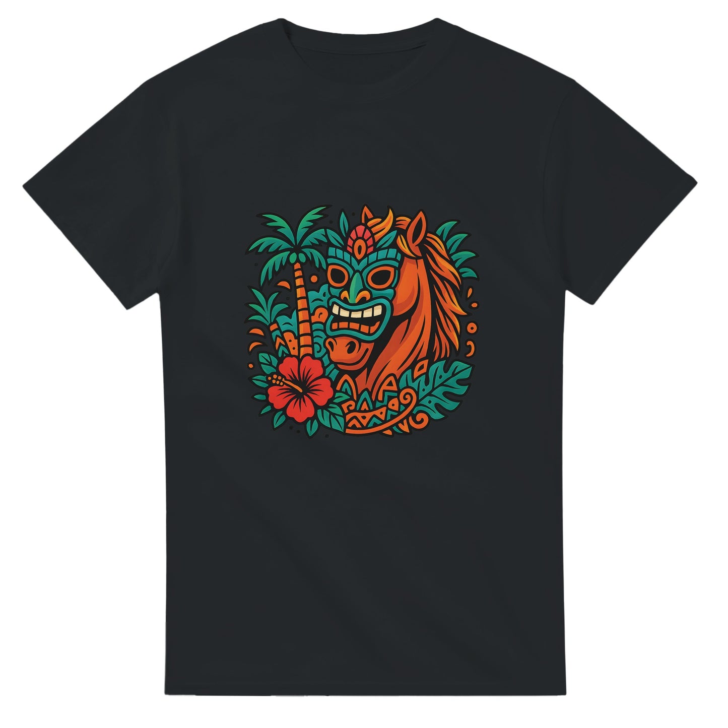 Tropisk häst med tiki-mask och färgglada mönster, en färgsprakande upplevelse!