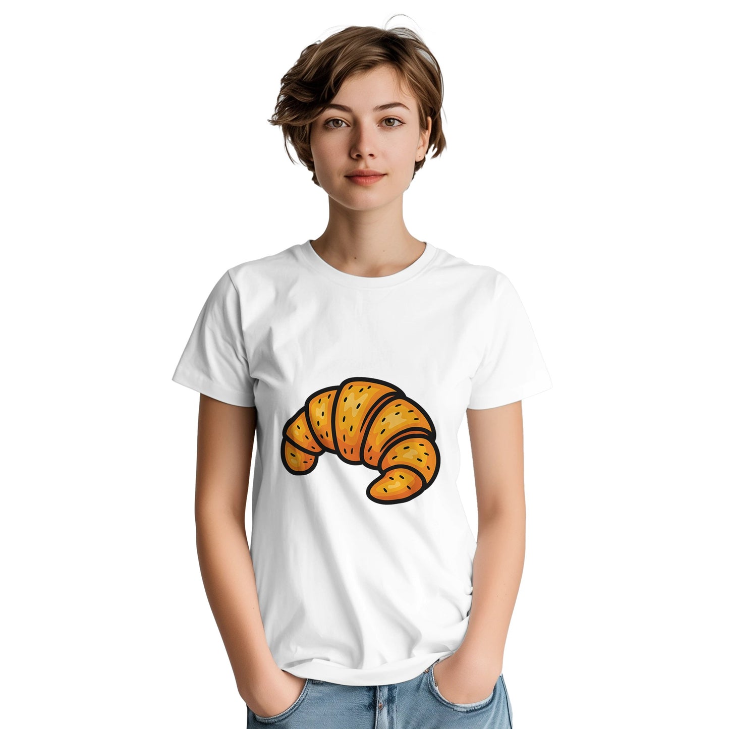 T-shirt med gyllene croissant-motiv för brunchälskaren. Konstnärlig och trendig.