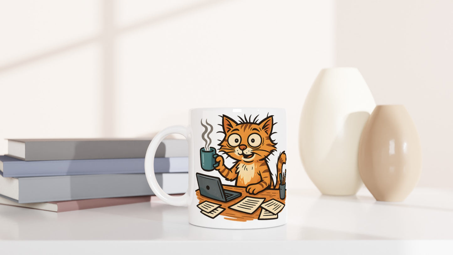 Kaffemugg med stressad kattmotiv, perfekt för kattälskare som kämpar med morgonkaffet.
