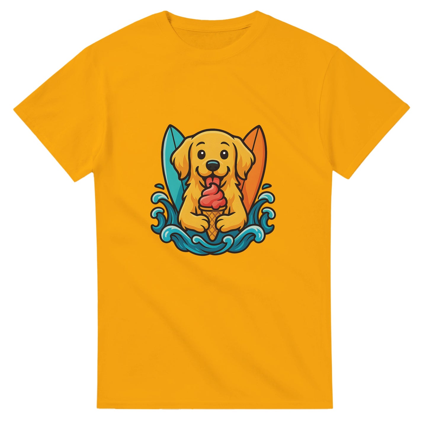 Söt golden retriever med glass och surfbrädor vid tropiska vågor. Perfekt för strandentusiaster!