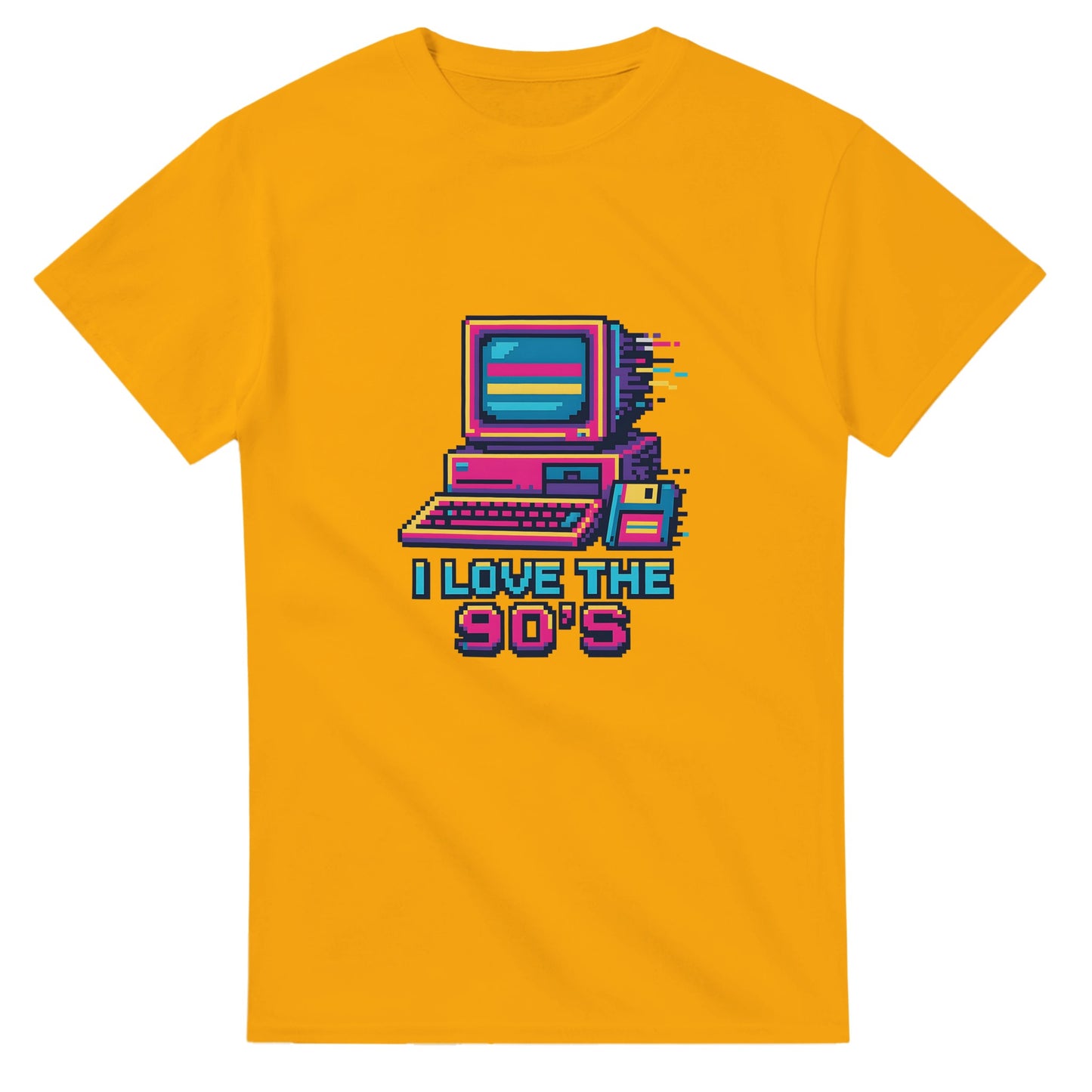 Pixelart-T-shirt med 90-talsvibbar, datorer, disketter och glitch-effekter. Nostalgisk resa tillbaka i tiden.