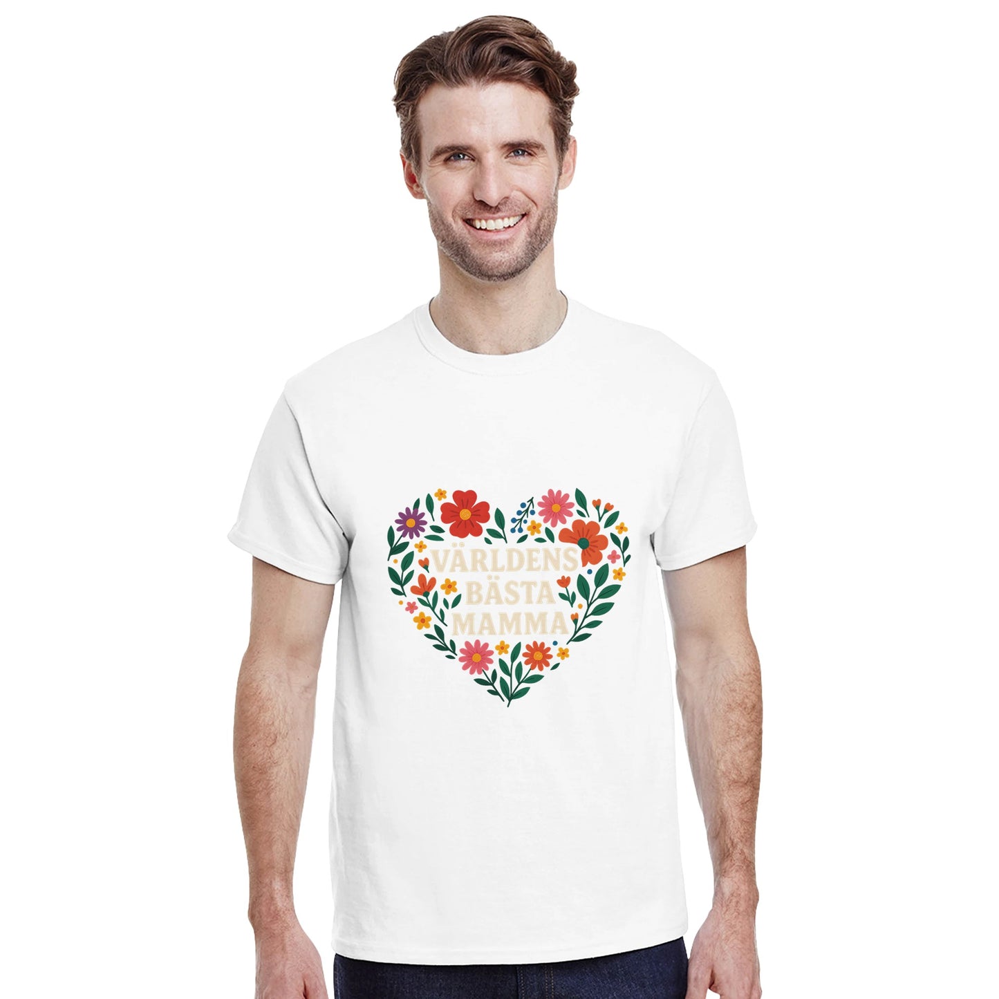 T-shirt med texten 'Världens bästa mamma' i ett hjärta av blommor. Perfekt gåva till mamma!