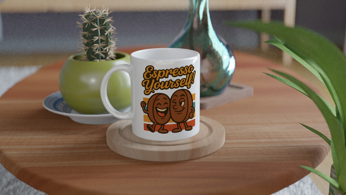 Mugg med kaffebönor och texten 'Espresso Yourself!'. För dig som vill sticka ut.
